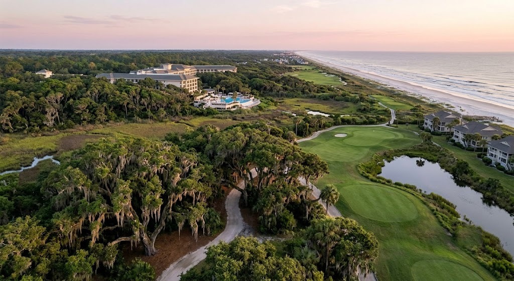 Aerial view of Amelia Island Plantation — resort, golf greens, marsh oaks, and the oceanfront